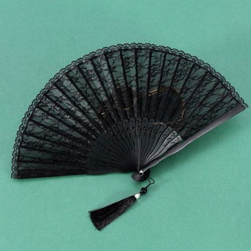 熱銷長賣爆款🌟古風摺扇夏季中國風女士旗袍蕾絲小扇子隨身便攜摺疊扇黑色舞蹈扇8MCW