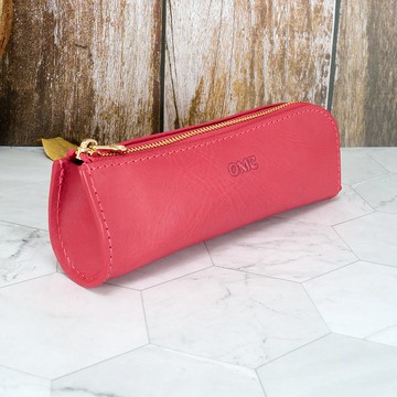 義大利植鞣革單扁型拉鍊文具刷具收納袋(粉色)