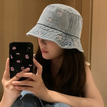 🌞日系水洗做舊蝴蝶結牛仔漁夫帽女夏季大頭圍顯臉小盆帽遮陽防晒帽優質