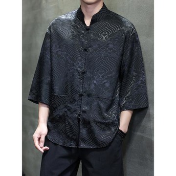 中國風夏季冰絲襯衫新中式唐裝提花短袖襯衣潮流祥云暗紋寬松男士