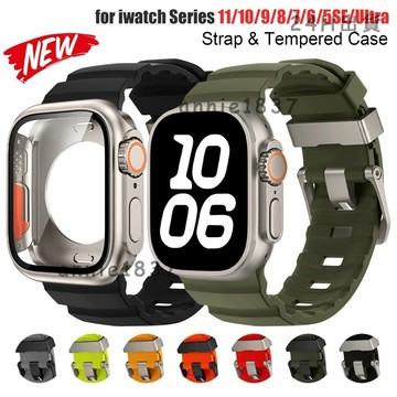 🔥免運 臺灣出貨🔥iWatch Series 11/10/9/SE3 強化玻璃硬質 PC 錶殼柔軟矽膠錶帶Ultra