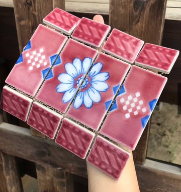 老雜貨古董日本大阪 市集 1960年 粉色老花磁磚 擺飾  W124