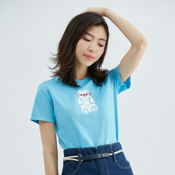 熊熊合身圓領印花純棉T恤(水藍)-女