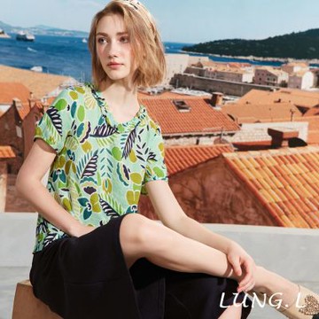 LUNG.L林佳樺 仲夏綠色印花荷葉領短袖棉質女裝上衣LR51A