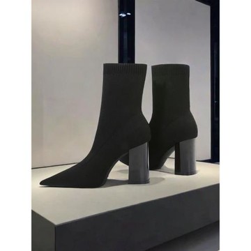 CHUREN&KENET小眾黑色尖頭粗跟彈力短靴女秋冬單靴高跟鞋瘦瘦襪靴