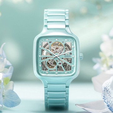RADO 雷達 官方授權 True Square 綠松石色 真我方形鏤空高科技陶瓷鑽石機械錶 新年開運 送禮推薦-38mm R03 R27176712
