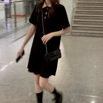 夏季新款學院風撞色POLO領顯瘦減齡黑色可甜短袖連衣裙女裙子