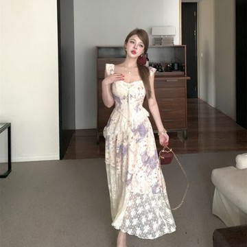 VIVILIAN甜美碎花吊帶度假收腰顯瘦不規則洋裝