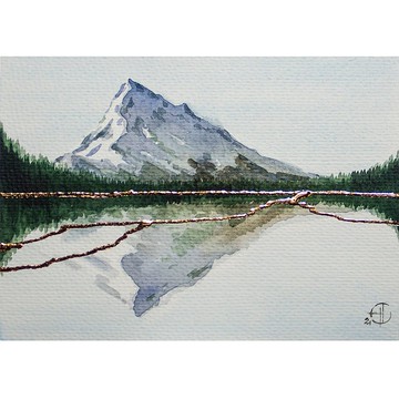 山湖原始藝術松樹水彩畫抽像風景藝術