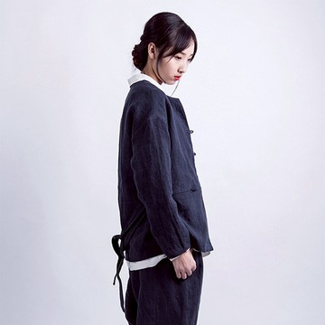 藏藍色純亞麻砂洗外套