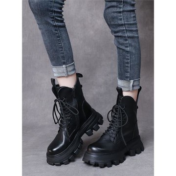 真皮厚底馬丁靴女加絨秋冬新款側拉鏈短靴中筒單靴保暖加厚機車靴