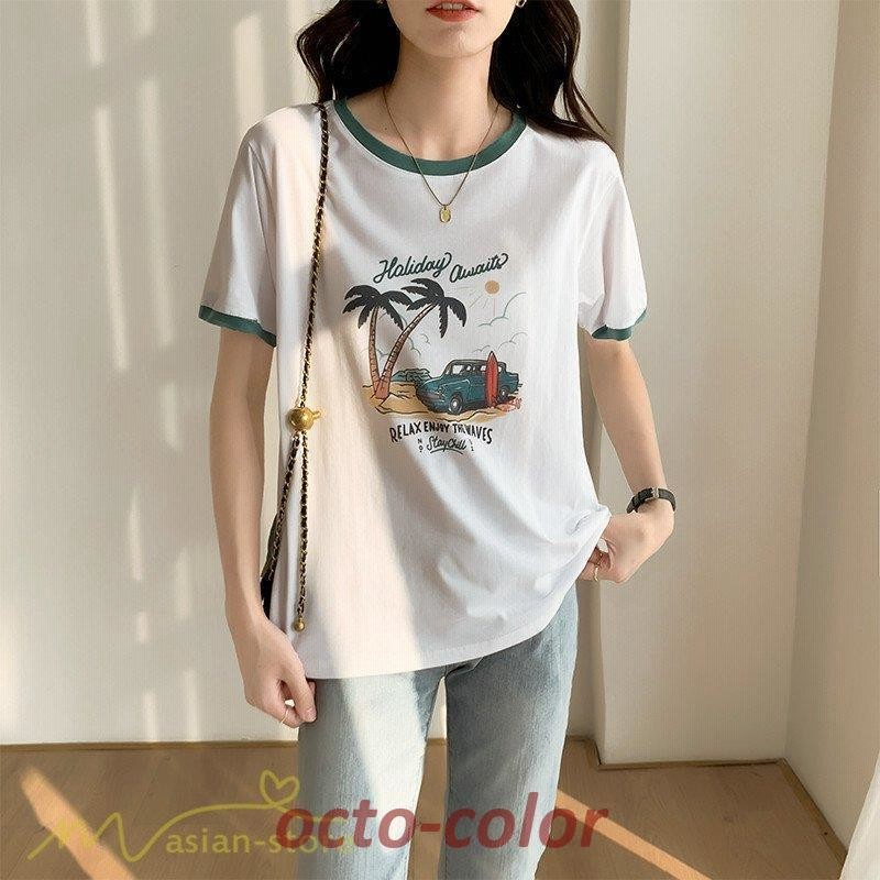 カットソー レディース tシャツ Tシャツ 韓国風 半袖 丸首 ワイドTシャツ 上品 おしゃれ 着回し プリント ゆったり 大きいサイズ XXL 日常感 白黒 女性着 ショッピングゴー shoppinggo Tシャツ レディース ゆるT 半袖