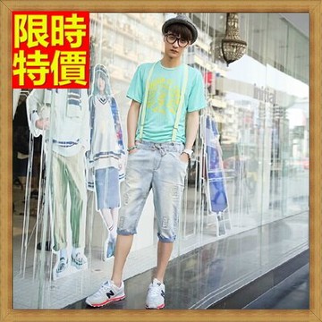 吊帶褲背帶七分褲-鬆緊腰水洗白磨破牛仔男褲子69s49【獨家進口】【米蘭精品】