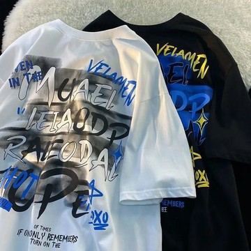 歐美高街短袖t恤男女寬鬆夏季ins潮牌塗鴉印花上衣情侶裝時尚半袖