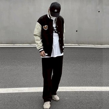 小熊刺繡拼接棒球服男女秋季新款韓版寬松高街慵懶風百搭夾克上衣