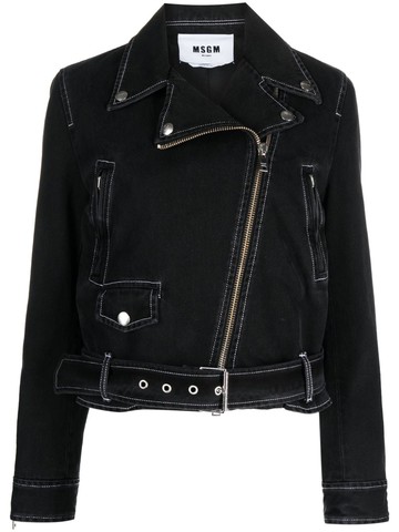 MSGM - contrast-stitching denim biker jacket - women - Cotton/Cotton/Polyester - 46 - Black