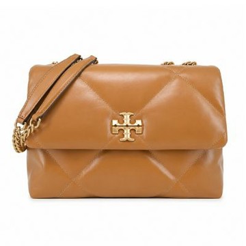 TORY BURCH KIRA 納帕皮革菱格紋翻蓋側背/肩背包(經典棕)