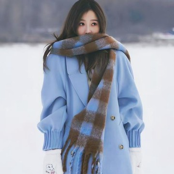 虞書欣同款藍色格子圍巾女冬百搭高級感長款仿羊絨披肩保暖圍脖男