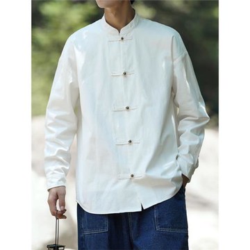 中國風秋季改良新中式立領銅扣長袖襯衫男唐裝青年寬松大碼外套男