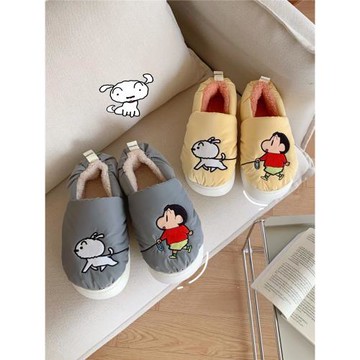 冬季舒適保暖加絨情侶月子鞋趣味可愛蠟筆小新居家防滑男士棉拖鞋