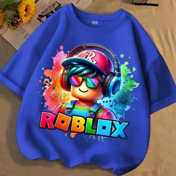 男童上衣 男童短袖 兒童短袖多巴胺可愛roblox夏季男女款中大兒童純色短袖純棉圓領寬鬆t恤潮