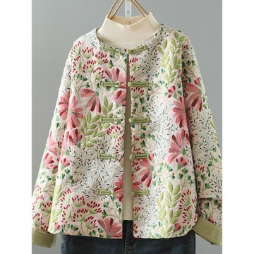 專柜大牌清倉新中式盤扣提花唐裝上衣女冬季輕薄夾棉棉襖棉服外套