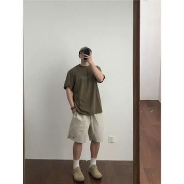 日系復古夏季純色刺繡工裝短褲山系戶外寬松五分褲基礎百搭沙灘褲