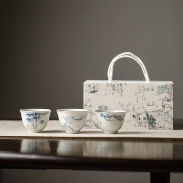 青花手繪松竹梅描銀邊主人杯功夫茶具茶杯品茗杯單杯子