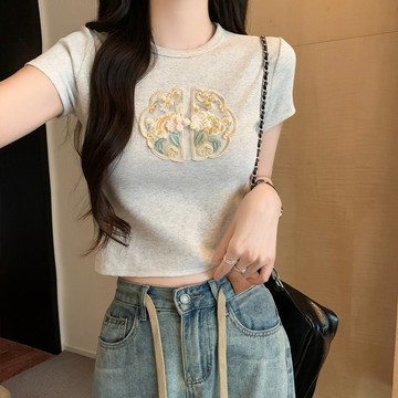 新中式國風圓領短袖t恤女夏季新款修身小個子短款甜辣妹上衣