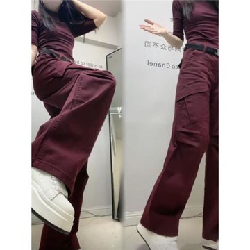 安可拉紅色休閑復古彎刀牛仔褲女款2025春秋季工裝百搭高腰闊腿褲