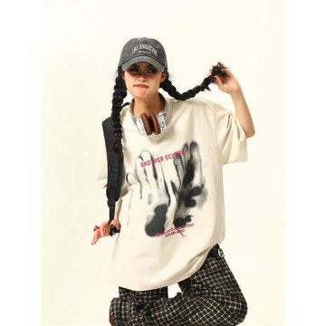 野生阿子美式復古設計感印花水洗短袖T恤男女潮牌寬松情侶上衣ins