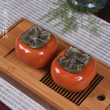 仿真柿子茶葉罐  柿柿如意陶瓷茶倉好事連連 小號便攜密封儲茶罐