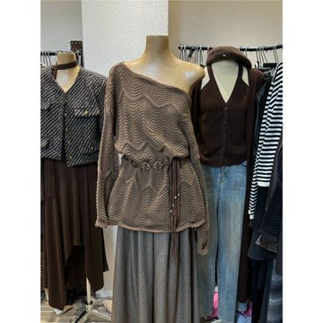 十三行秋季韓系長袖斜肩減齡系帶收腰寬松顯瘦針織毛衣女鏤空上衣