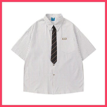 『ATC』  三色 領帶 條紋 日系襯衫 口袋襯衫 短袖 寬鬆 OVERSIZE 落肩 嘻哈 美式 街頭