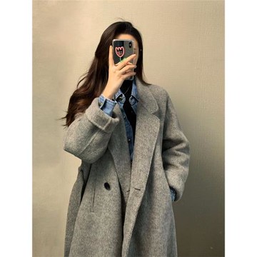 灰色雙面羊絨呢子大衣女2025秋冬季新款韓系高級感赫本風毛呢外套
