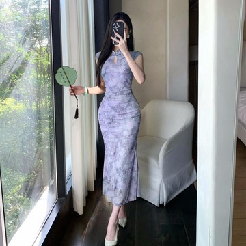 【桃喜Rich女裝】3色 新中式洋裝 改良旗袍修身顯瘦復古長裙 收腰顯瘦包臀魚尾連身裙 國風洋裝 紫色旗袍 綠色旗袍