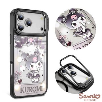 三麗鷗 iPhone 17/16/15/14/13系列 軍規防摔合金框隱形立架鏡面磁吸手機殼-蕾絲庫洛米B-黑框