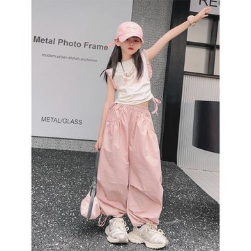 女童工裝褲夏款2025新款洋氣中大童薄款款甜酷飛袖粉色工裝褲套裝