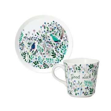 【NARUMI】Anna Emilia 祝福之語骨瓷馬克杯+點心盤-Good Luck-2入 送禮推薦 感謝禮 茶杯 咖啡杯 點心盤 下午茶組合