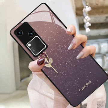 適用vivos18手機殼V2323A維沃vivo步步高v0v05G新款玻璃郁金香中國紅簡約花朵顏控手繩網紅男女全包精孔冷淡