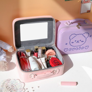 化妝收納包收納箱 便攜新款旅行可愛小熊手提箱化妝鏡子收納大容量化妝包ins外出