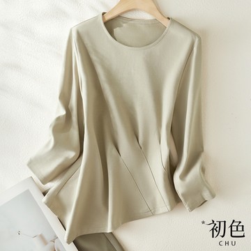 初色 簡約素色長袖圓領不規則抽褶衣襬T恤上衣-灰綠色-30237(M-2XL可選)
