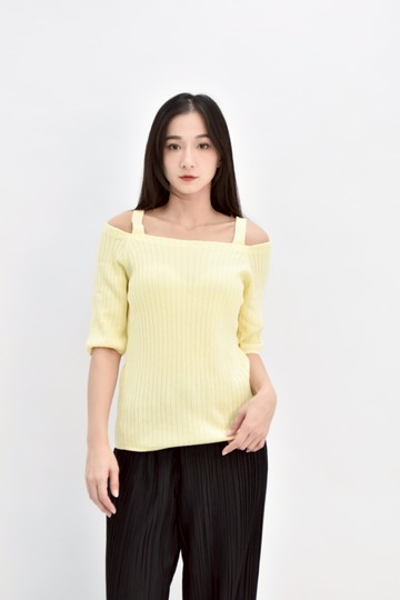 (S) index質感針織露肩黃色上衣
