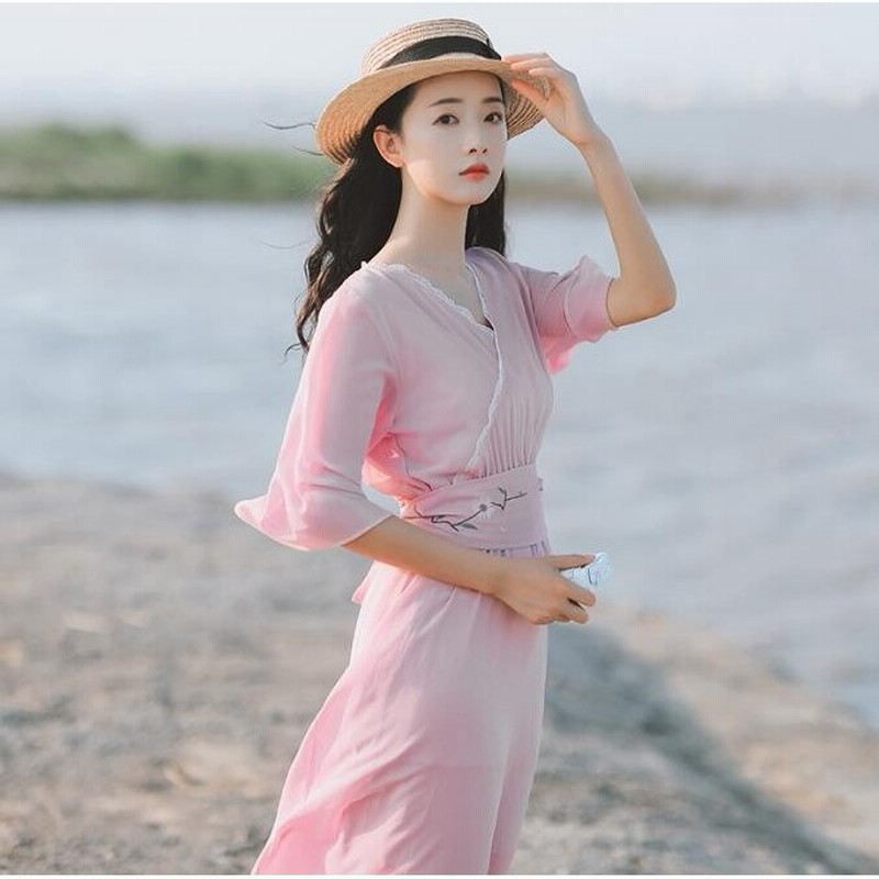 ワンピース レディース 夏 半袖 ワンピース シフォン ロング丈 ワンピース 夏秋 Aライン マキシワンピース 通販 Lineポイント最大0 5 Get Lineショッピング