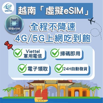 【優一電訊】越南 eSIM 上網卡 網卡 不降速吃到飽 免換卡 掃碼即用 河內 胡志明 峴港 芽莊 富國島必備 熱點分享