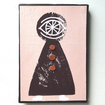 復古風格皺巴巴的藝術原畫帆布繪畫皮革鈕扣粉紅眼球 No10