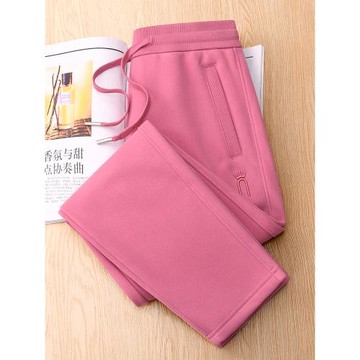 洋氣豆沙紅加絨運動褲女春秋冬高端寬松大碼衛褲顯瘦休閑直筒褲