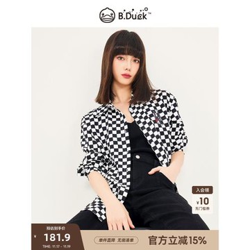 B.Duck小黃鴨女裝黑白格子長袖襯衫春夏新款個性時髦雪紡衫