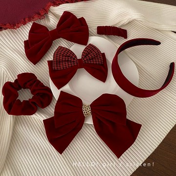 紅色復古絲絨大蝴蝶結發夾女秋冬后腦勺頂夾頭飾網紅頭繩新娘發飾