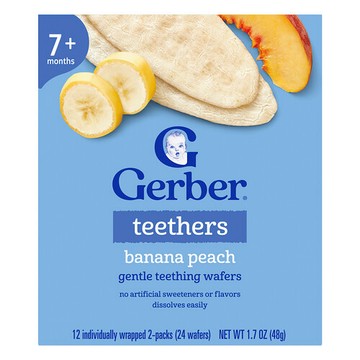 Gerber, 牙膠，溫和磨牙餅，7 個月以上，香蕉蜜桃味，12 個獨立包裝，2 包，每包 0.14 盎司（4 克）
